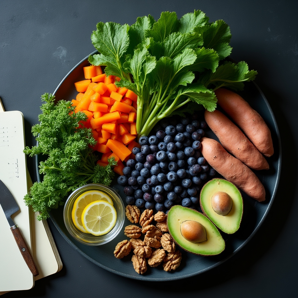 Colorful fresh vegetables and whole foods arranged on kitchen counter