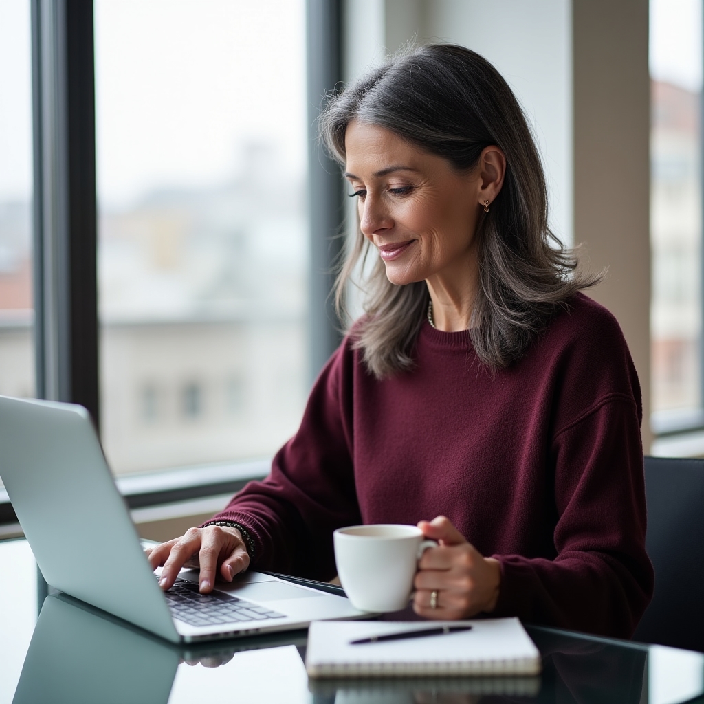Person completing online registration on laptop in modern workspace
